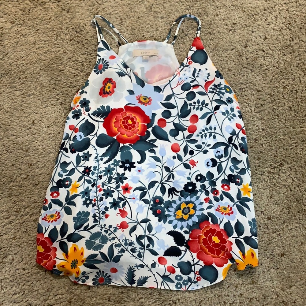 LOFT White Floral Print Cami with Red & Yellow Blooms